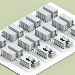 Das Bild zeigt eine scheamatische Darstellung eines modularen Speichersystems der Firma INTILION mit Speichercontainern und weiteren Komponenten.