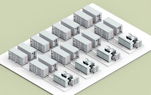 Das Bild zeigt eine scheamatische Darstellung eines modularen Speichersystems der Firma INTILION mit Speichercontainern und weiteren Komponenten.