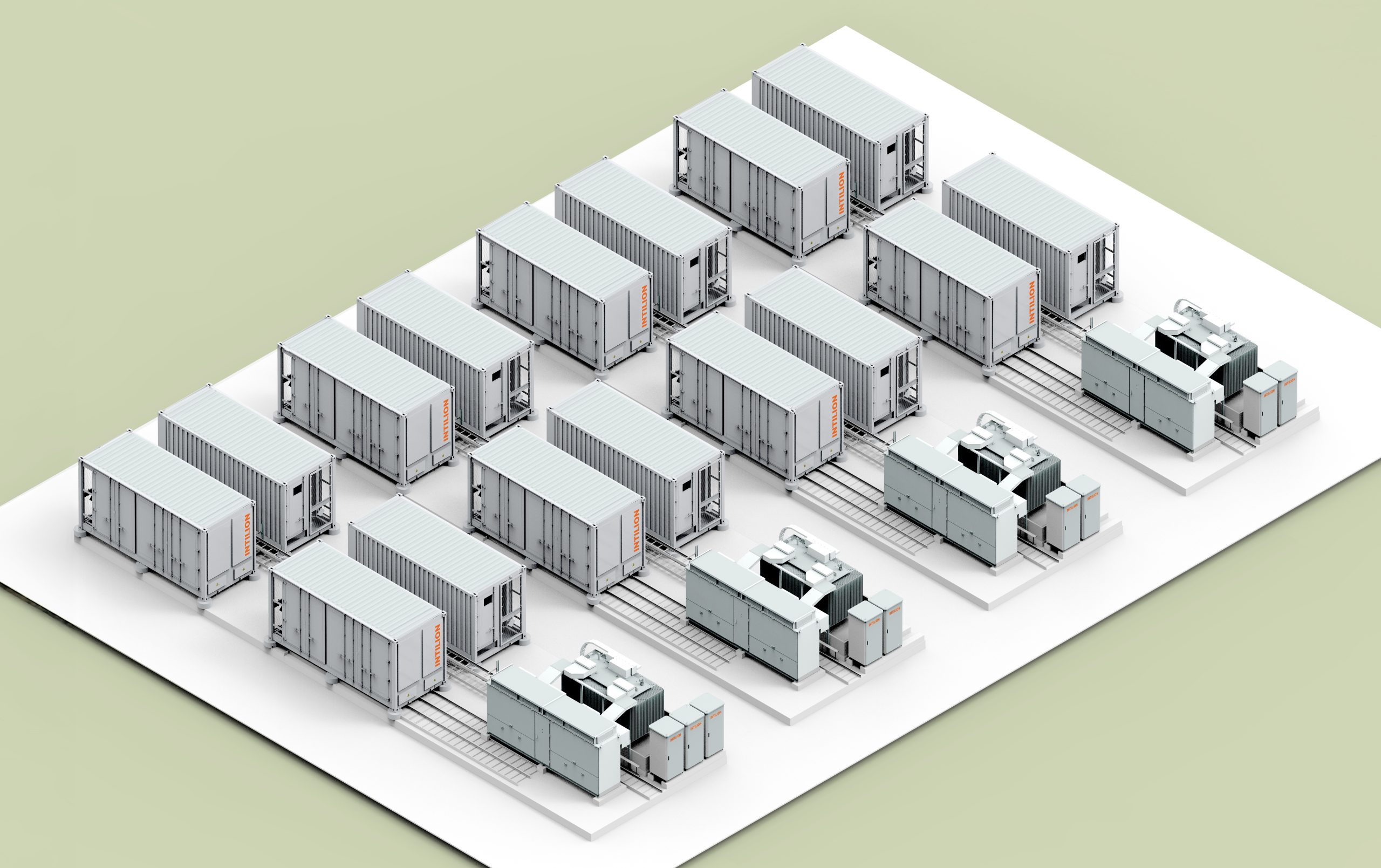 Das Bild zeigt eine scheamatische Darstellung eines modularen Speichersystems der Firma INTILION mit Speichercontainern und weiteren Komponenten.