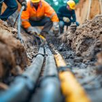 Mehrere dicke Kabel liegen nebeneinander in der Erde eines Straßenhrabens, im Hintergrund sieht man verschwommen einen Arbeiter mit Leuchtweste.