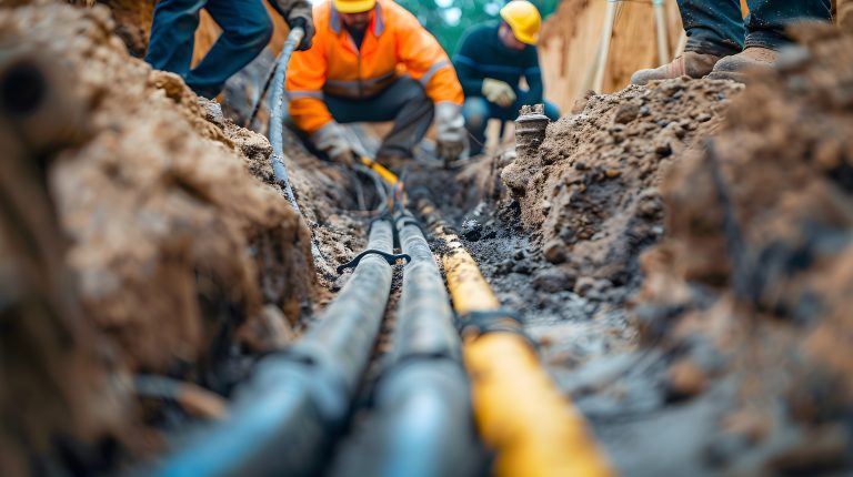 Mehrere dicke Kabel liegen nebeneinander in der Erde eines Straßenhrabens, im Hintergrund sieht man verschwommen einen Arbeiter mit Leuchtweste.