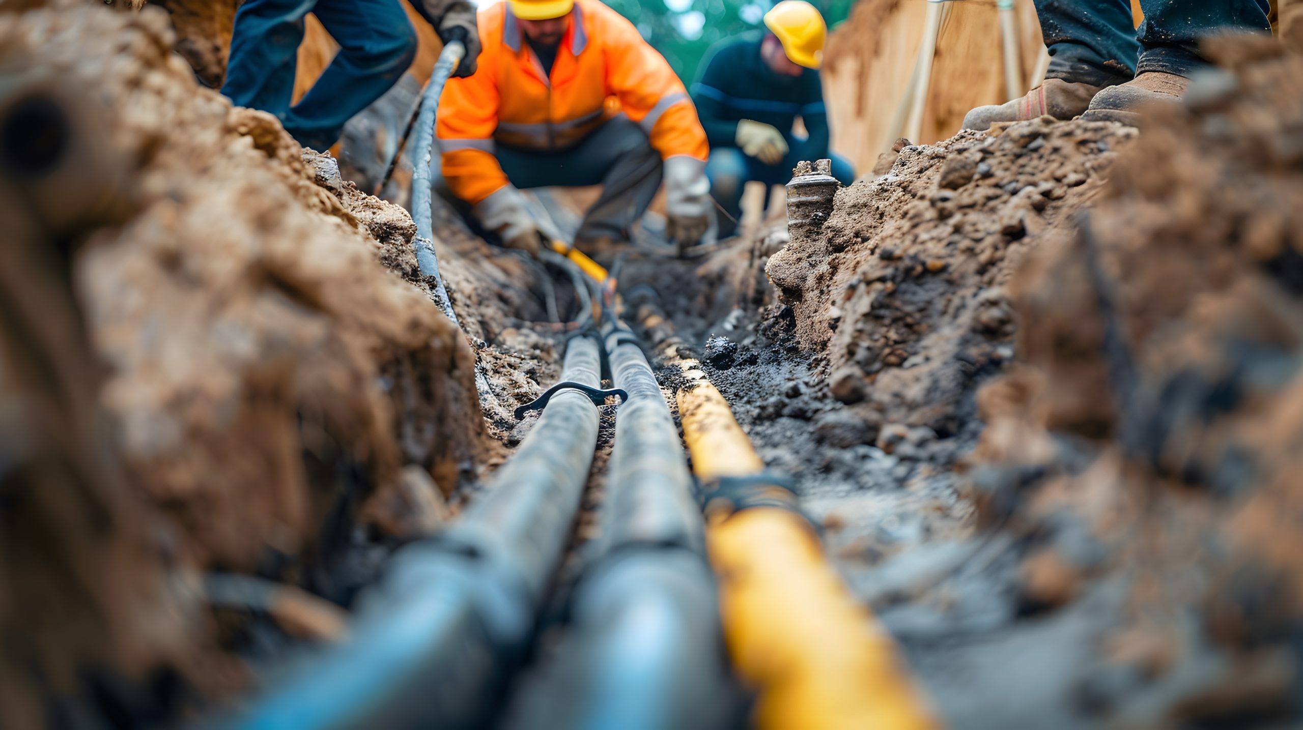 Mehrere dicke Kabel liegen nebeneinander in der Erde eines Straßenhrabens, im Hintergrund sieht man verschwommen einen Arbeiter mit Leuchtweste.