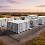 Batteriespeichersystem in Containerbauweise auf umzäuntem Gelände, installiert in ländlicher Umgebung mit Windkraftanlagen im Hintergrund bei Sonnenuntergang.