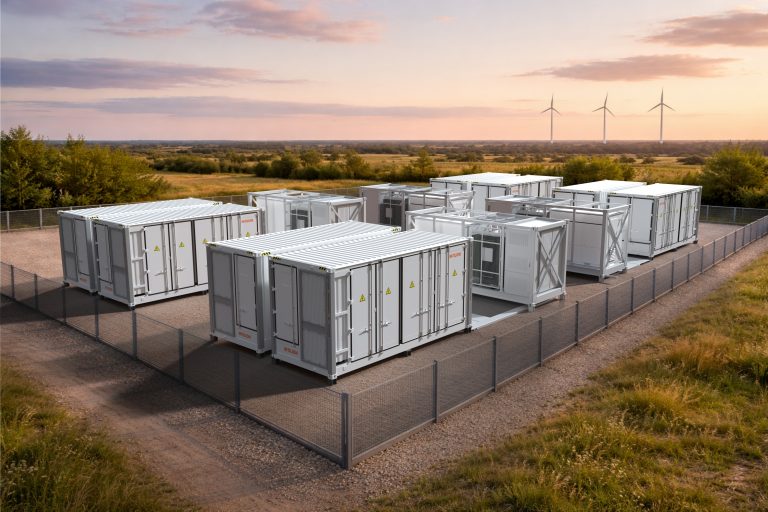 Batteriespeichersystem in Containerbauweise auf umzäuntem Gelände, installiert in ländlicher Umgebung mit Windkraftanlagen im Hintergrund bei Sonnenuntergang.