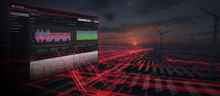 Visualisierung einer Energiehandels-Software vor einem Windpark bei Sonnenuntergang: Links ist ein digitales Dashboard mit Diagrammen, Kurven und Tabellen zu Stromdaten zu sehen, rechts erstrecken sich mehrere Windkraftanlagen. Rote, leuchtende Datenlinien durchziehen die Landschaft und symbolisieren die digitale Vernetzung und Steuerung erneuerbarer Energien.