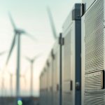 Nahaufnahme einer Reihe von Batteriespeicher-Containern in einem Windpark. Die technischen Gehäuse mit Lüftungsgittern stehen in einer Linie im Vordergrund, während im Hintergrund mehrere Windkraftanlagen unscharf zu sehen sind. Die Szene vermittelt die Kombination aus Windenergie und Energiespeicherung.