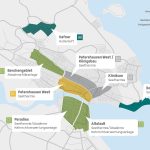 Infografik mit einer stilisierten Karte von Konstanz und markierten Projektgebieten für den Ausbau von Wärmenetzen. Farbig hervorgehobene Stadtteile zeigen unterschiedliche Planungsstände: Hafner und Bodensee-Therme in Dunkelgrün (fortgeschrittene Projektentwicklung), Berchengebiet, Paradies und Altstadt in Hellgrün (Machbarkeitsstudie abgeschlossen), Petershausen West in Gelb (Voruntersuchungen), Petershausen West/Königsbau sowie Klinikum in Grau (Voruntersuchungen in Planung). In Sprechblasen stehen jeweils die vorgesehenen Energiequellen wie Seethermie, Außenluft, Abwärme aus Kläranlage oder Kehrichtverwertungsanlage. Rechts oben erklärt eine Legende die Farben und Symbole.