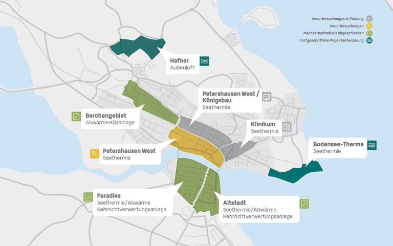 Infografik mit einer stilisierten Karte von Konstanz und markierten Projektgebieten für den Ausbau von Wärmenetzen. Farbig hervorgehobene Stadtteile zeigen unterschiedliche Planungsstände: Hafner und Bodensee-Therme in Dunkelgrün (fortgeschrittene Projektentwicklung), Berchengebiet, Paradies und Altstadt in Hellgrün (Machbarkeitsstudie abgeschlossen), Petershausen West in Gelb (Voruntersuchungen), Petershausen West/Königsbau sowie Klinikum in Grau (Voruntersuchungen in Planung). In Sprechblasen stehen jeweils die vorgesehenen Energiequellen wie Seethermie, Außenluft, Abwärme aus Kläranlage oder Kehrichtverwertungsanlage. Rechts oben erklärt eine Legende die Farben und Symbole.