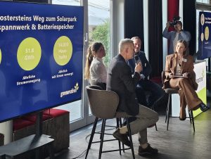Vier Personen sitzen bei einer Podiumsdiskussion in einem Veranstaltungsraum. Eine Person spricht mit Mikrofon, daneben hört eine Moderatorin zu. Auf großen Bildschirmen sind Informationen zu einem Solarparkprojekt zu sehen, darunter „51,8 GWh jährliche Stromerzeugung“ und „14.000 Haushalte jährlich mit Strom versorgt“. Im Hintergrund fotografiert eine Person die Runde.