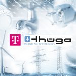 Collage zu Energieversorgung mit Heizungsregler, Wasserhahn, Stecker, Windrädern, Strommasten und Telekom- sowie Thüga-Logo.