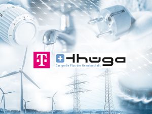 Collage zu Energieversorgung mit Heizungsregler, Wasserhahn, Stecker, Windrädern, Strommasten und Telekom- sowie Thüga-Logo.