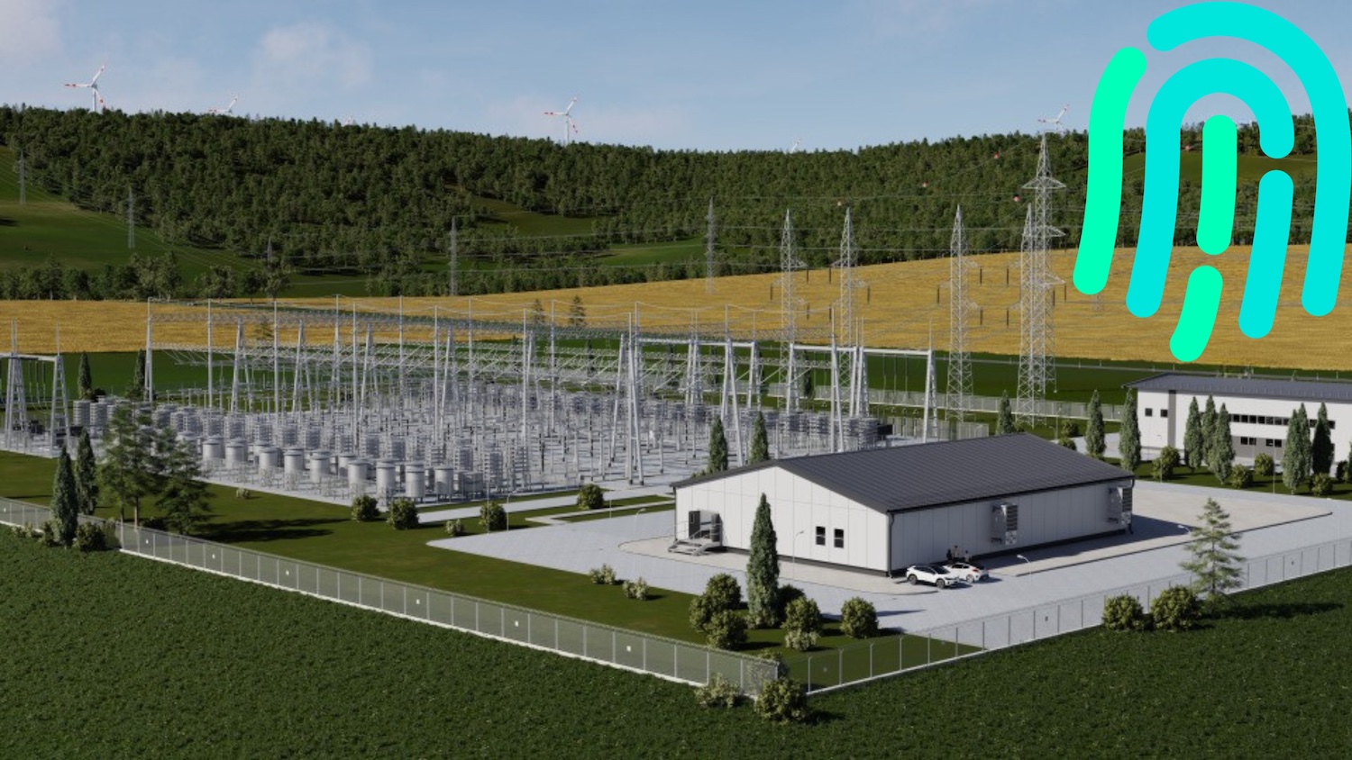 Computergenerierte Ansicht eines umzäunten Umspannwerks mit zahlreichen Strommasten, Schaltanlagen und zwei Betriebsgebäuden in ländlicher Umgebung. Im Hintergrund sind Felder, Waldflächen und mehrere Windräder zu sehen. Oben rechts liegt ein türkisfarbenes Logo über dem Bild.