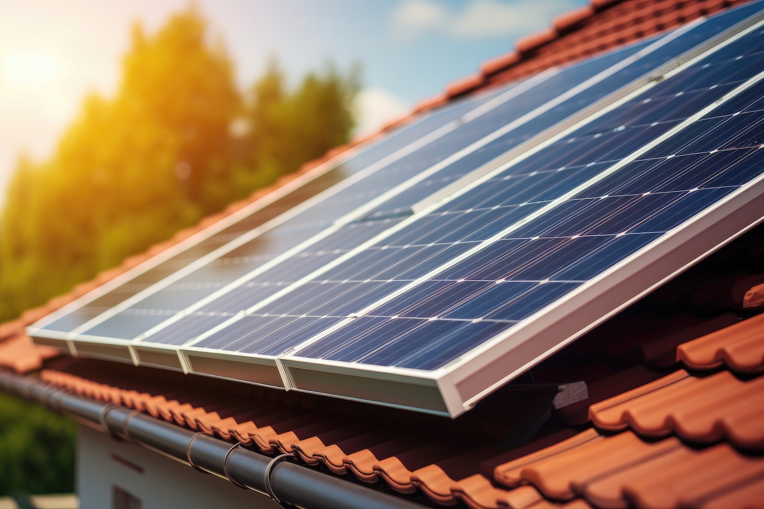 Mehrere Photovoltaikmodule sind auf dem geneigten Ziegeldach eines Wohnhauses installiert. Die Solaranlage wird von Sonnenlicht angestrahlt, während im Hintergrund unscharf Bäume und ein blauer Himmel zu sehen sind. Das Bild symbolisiert die dezentrale Erzeugung von Solarstrom und die Nutzung erneuerbarer Energien im privaten Haushalt.