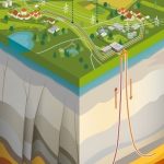 Schematische Darstellung einer Anlage zur tiefen Geothermie. Die Grafik zeigt einen Querschnitt durch den Untergrund mit mehreren Gesteinsschichten. Zwei Bohrungen reichen bis in rund 3.500 Meter Tiefe zu einer etwa 150 Grad Celsius heißen wasserführenden Schicht. Heißes Wasser wird über eine Förderbohrung an die Oberfläche geleitet, zur Erzeugung von Fernwärme und Elektrizität genutzt und anschließend über eine zweite Bohrung wieder in den Untergrund zurückgeführt. An der Oberfläche sind Gebäude, Felder, Stromleitungen und technische Anlagen dargestellt. Die Beschriftungen „Fernwärme“ und „Elektrizität“ verdeutlichen die Nutzung der geothermischen Energie.