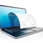 Illustration eines Laptops, aus dessen Bildschirm eine Rechnung in Papierform ausgegeben wird. Die Darstellung symbolisiert den digitalen Rechnungsversand.