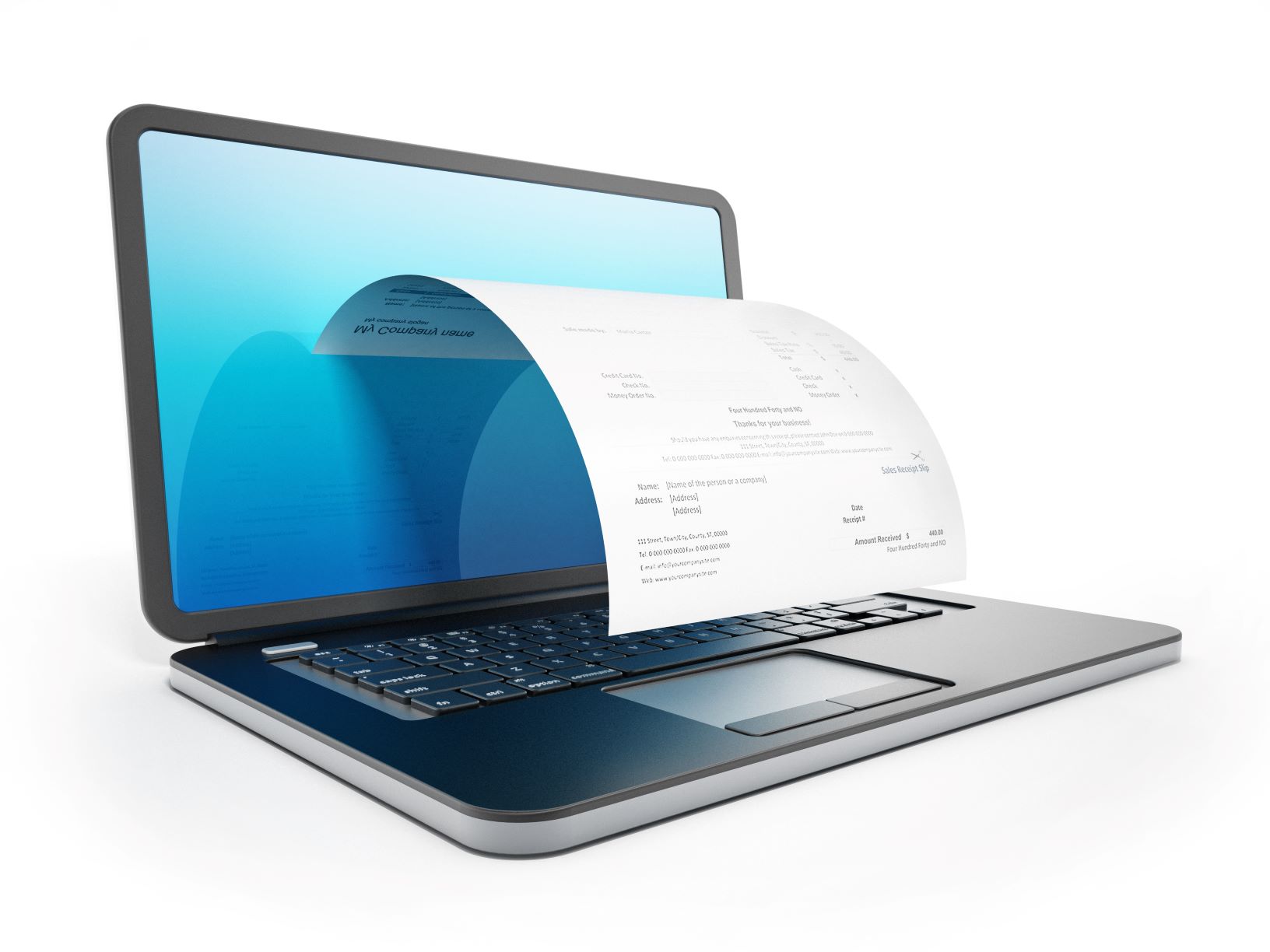 Illustration eines Laptops, aus dessen Bildschirm eine Rechnung in Papierform ausgegeben wird. Die Darstellung symbolisiert den digitalen Rechnungsversand.